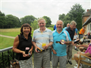 Cottesmore - Team Winners on 2nd day: Brigitte , John , Howard. Kevin & others on the balcony enjoying the 19th hole overlooking the Griffin last hole.